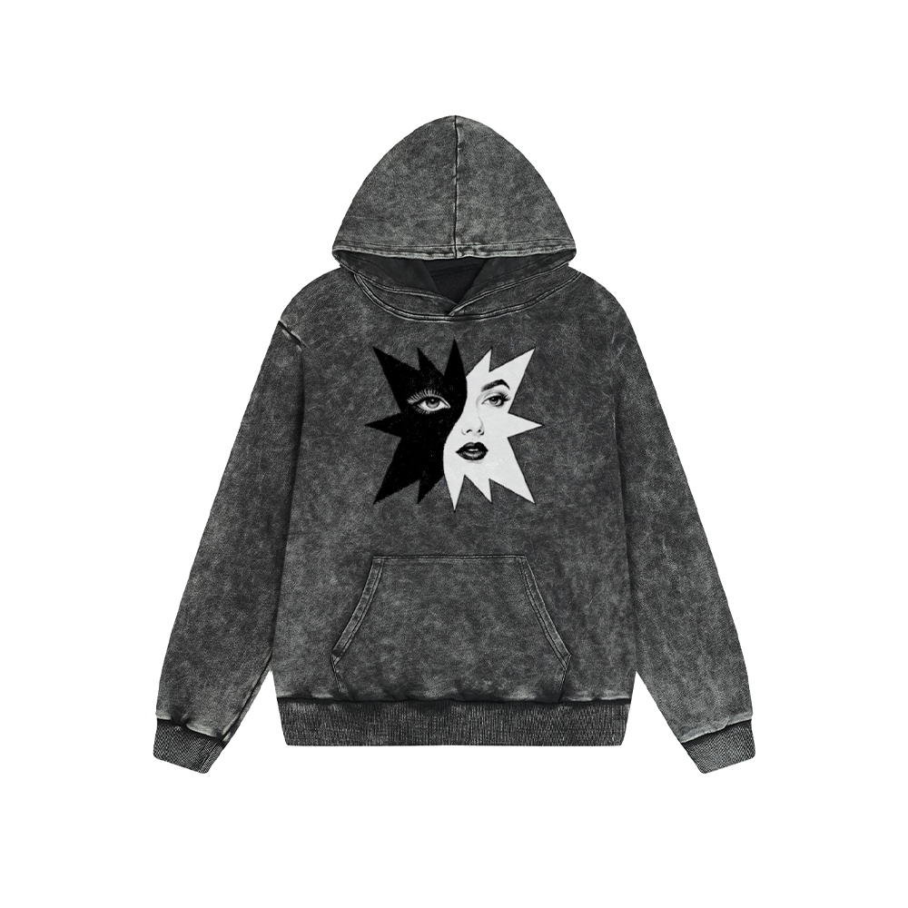 Vintage Washed Hoodie Men Women Yin Yang Face Graphic Print Oversized Pullover Sweatshirt Streetwear Feel lives