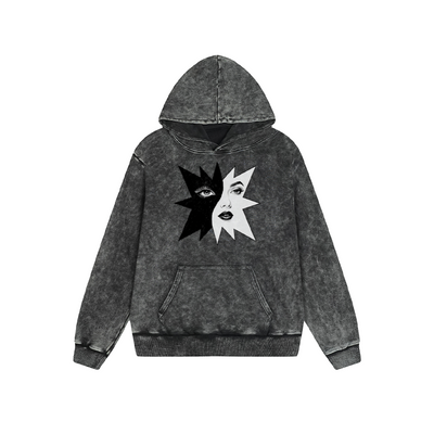 Vintage Washed Hoodie Men Women Yin Yang Face Graphic Print Oversized Pullover Sweatshirt Streetwear Feel lives