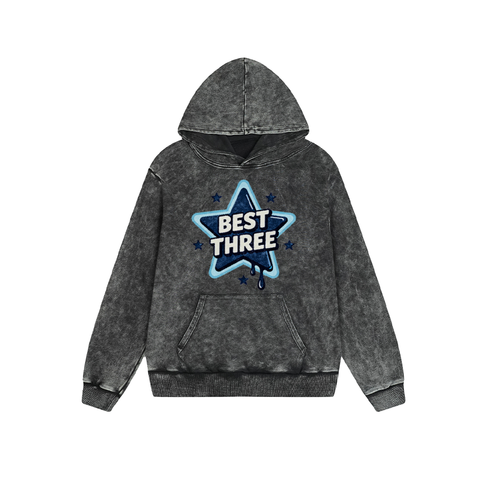 Vintage Washed Hoodie Best Three Star Graphic Print Oversized Pullover Sweatshirt Casual Daily Streetwear Feel lives