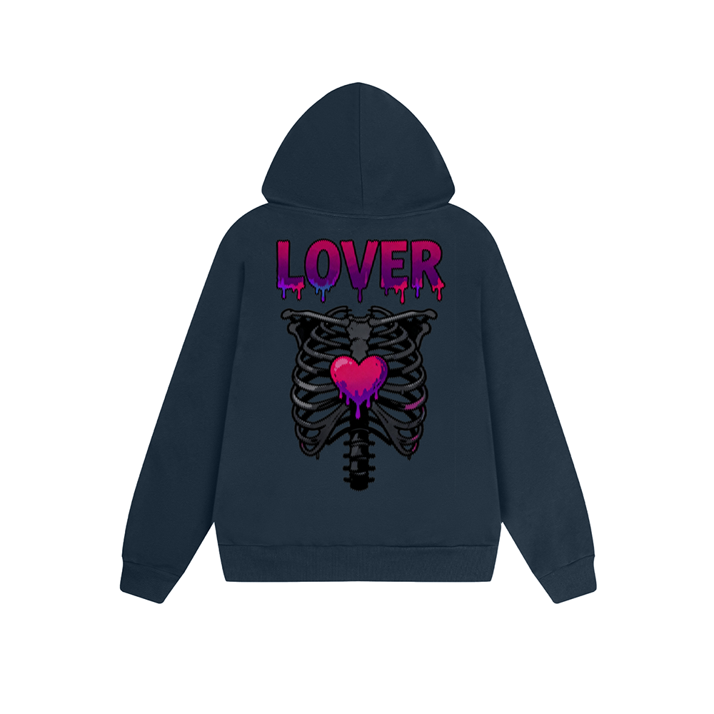 Solid Color Hoodie Lover Skeleton Heart Graphic Print Oversized Pullover Sweatshirt Casual Daily Streetwear Feel lives