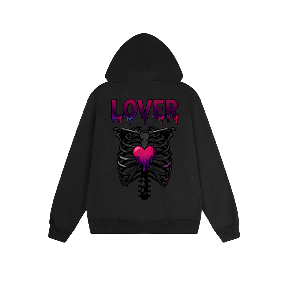 Solid Color Hoodie Lover Skeleton Heart Graphic Print Oversized Pullover Sweatshirt Casual Daily Streetwear Feel lives