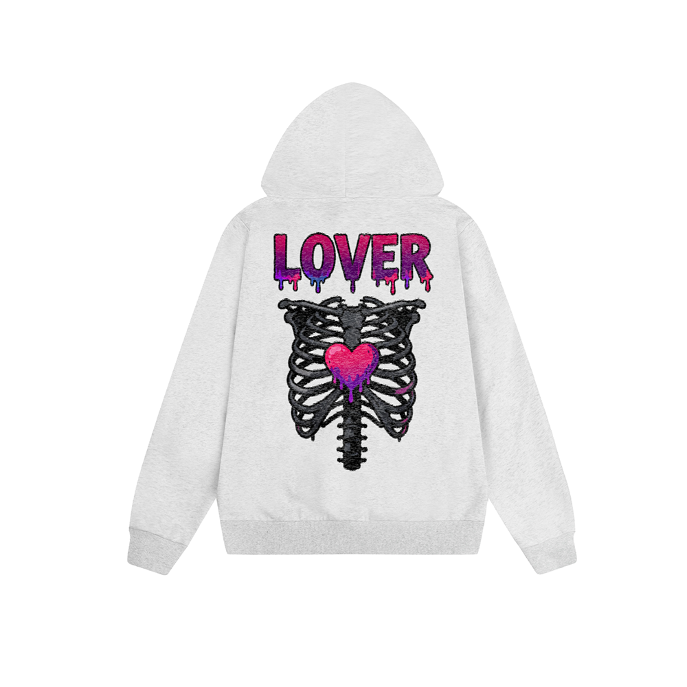 Solid Color Hoodie Lover Skeleton Heart Graphic Print Oversized Pullover Sweatshirt Casual Daily Streetwear Feel lives