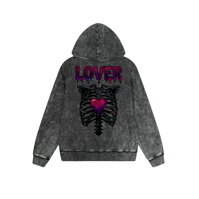 Vintage Washed Hoodie Lover Skeleton Heart Graphic Print Oversized Pullover Sweatshirt Casual Daily Streetwear Feel lives