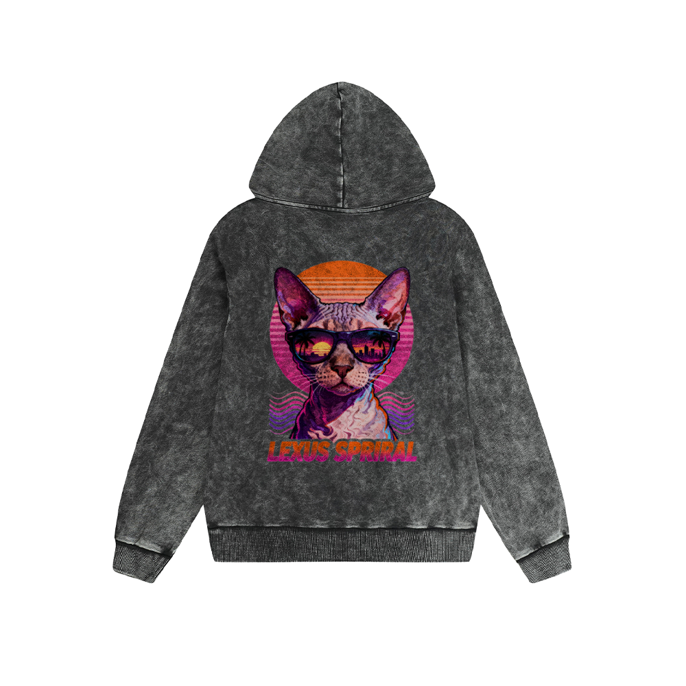 Vintage Washed Hoodie Men Women Cool Cat Retro Sunset Graphic Print Oversized Pullover Sweatshirt Streetwear Feel lives