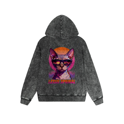 Vintage Washed Hoodie Men Women Cool Cat Retro Sunset Graphic Print Oversized Pullover Sweatshirt Streetwear Feel lives