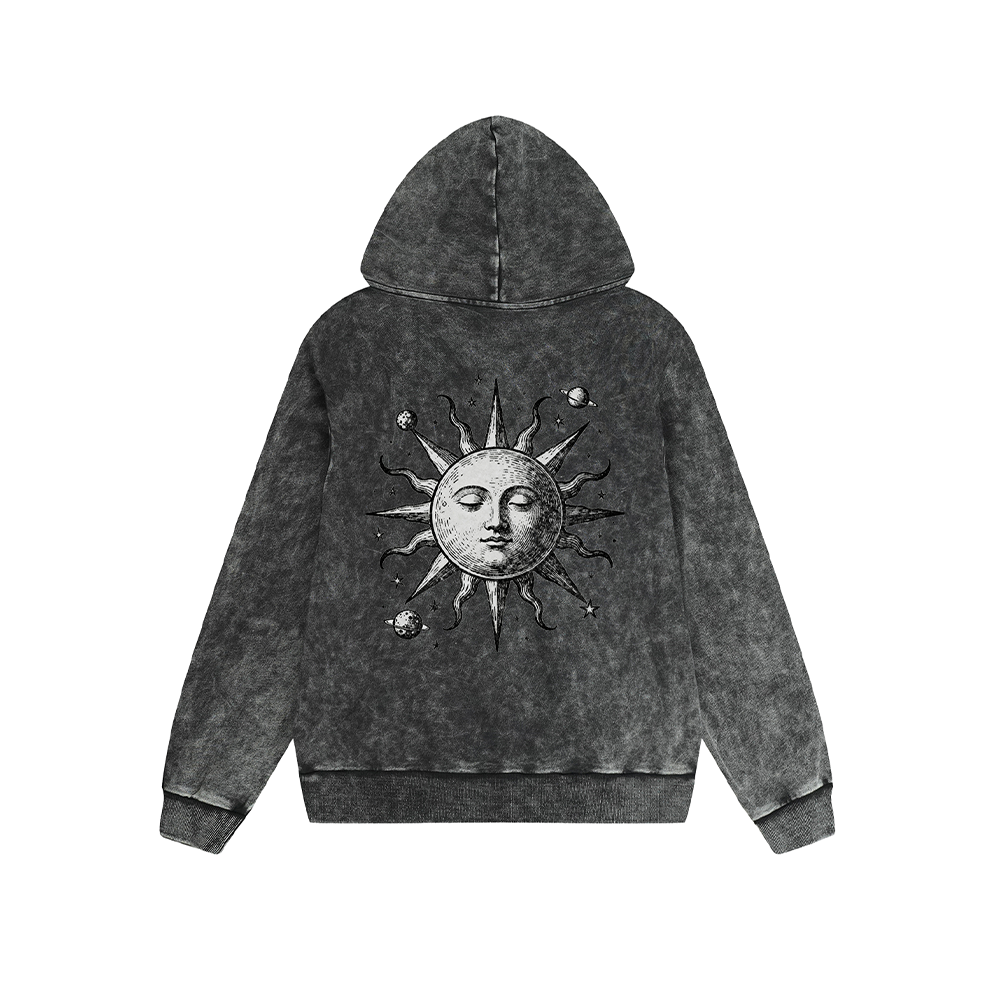 Vintage Washed Hoodie Men Women Sun Moon Graphic Print Oversized Pullover Sweatshirt Streetwear Feel lives