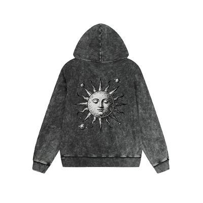 Vintage Washed Hoodie Men Women Sun Moon Graphic Print Oversized Pullover Sweatshirt Streetwear Feel lives
