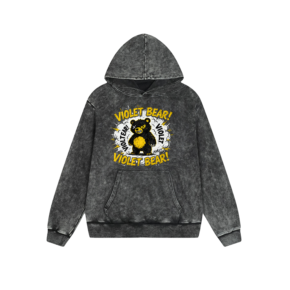Vintage Washed Gray Hoodie - Violet Bear Graphic Oversized Pullover