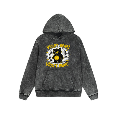 Vintage Washed Gray Hoodie - Violet Bear Graphic Oversized Pullover