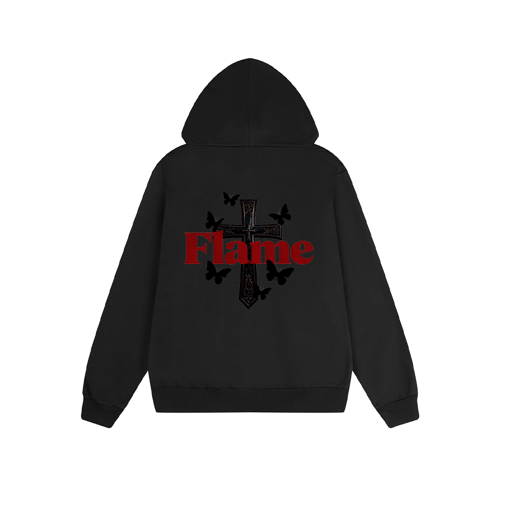 Solid Color Hoodie Cross Butterfly Flame Graphic Print Oversized Pullover Sweatshirt Streetwear Feel lives