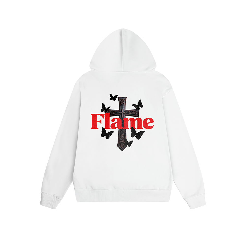 Solid Color Hoodie Cross Butterfly Flame Graphic Print Oversized Pullover Sweatshirt Streetwear Feel lives