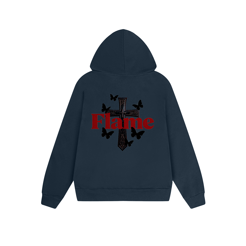 Solid Color Hoodie Cross Butterfly Flame Graphic Print Oversized Pullover Sweatshirt Streetwear Feel lives