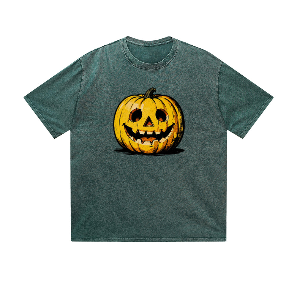 Vintage Washed T-Shirt Halloween Pumpkin Skull Face Graphic Print Casual Daily Streetwear Feel lives