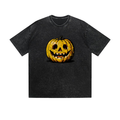 Vintage Washed T-Shirt Halloween Pumpkin Skull Face Graphic Print Casual Daily Streetwear Feel lives
