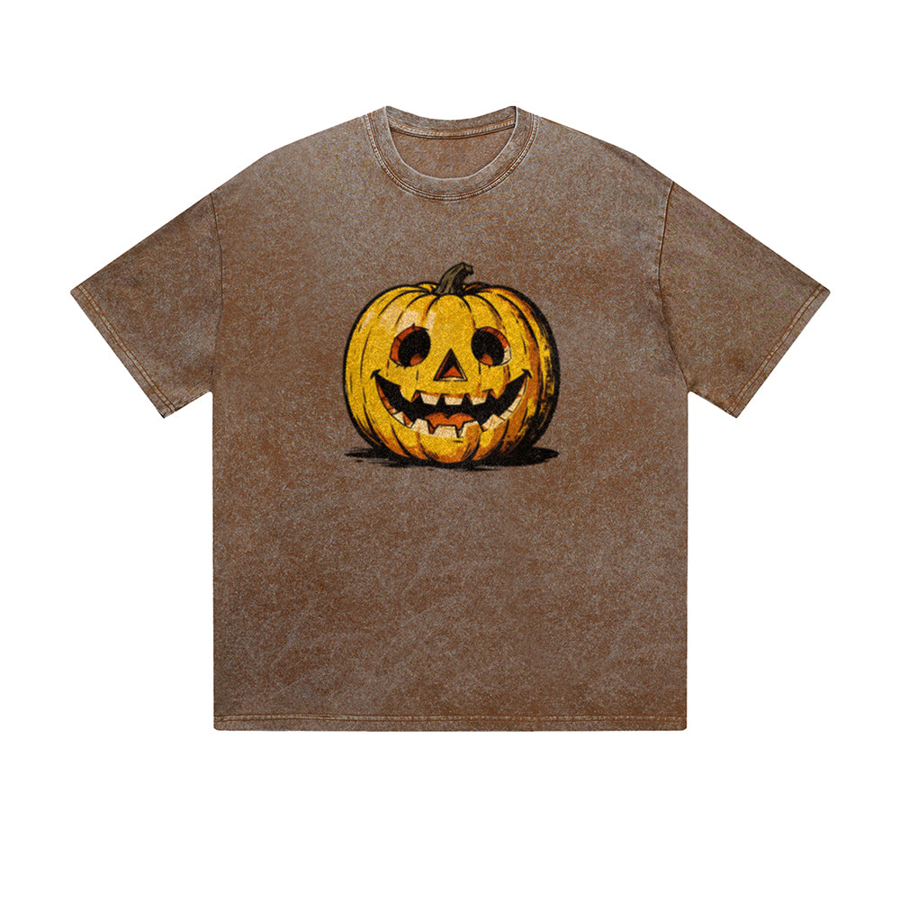Vintage Washed T-Shirt Halloween Pumpkin Skull Face Graphic Print Casual Daily Streetwear Feel lives