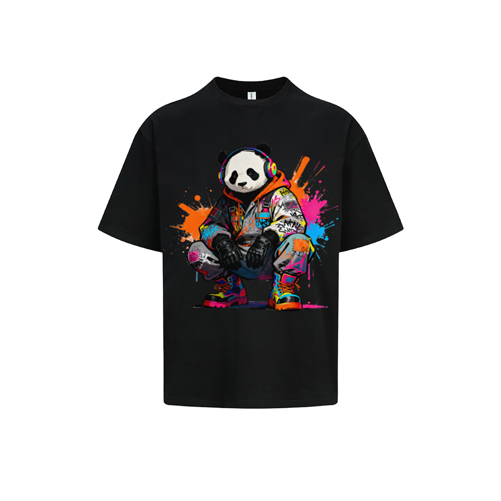 Solid Color T-Shirt Panda Headphones Graffiti Colorful Splash Street Art Cartoon Graphic Print Casual Daily Streetwear Feel lives