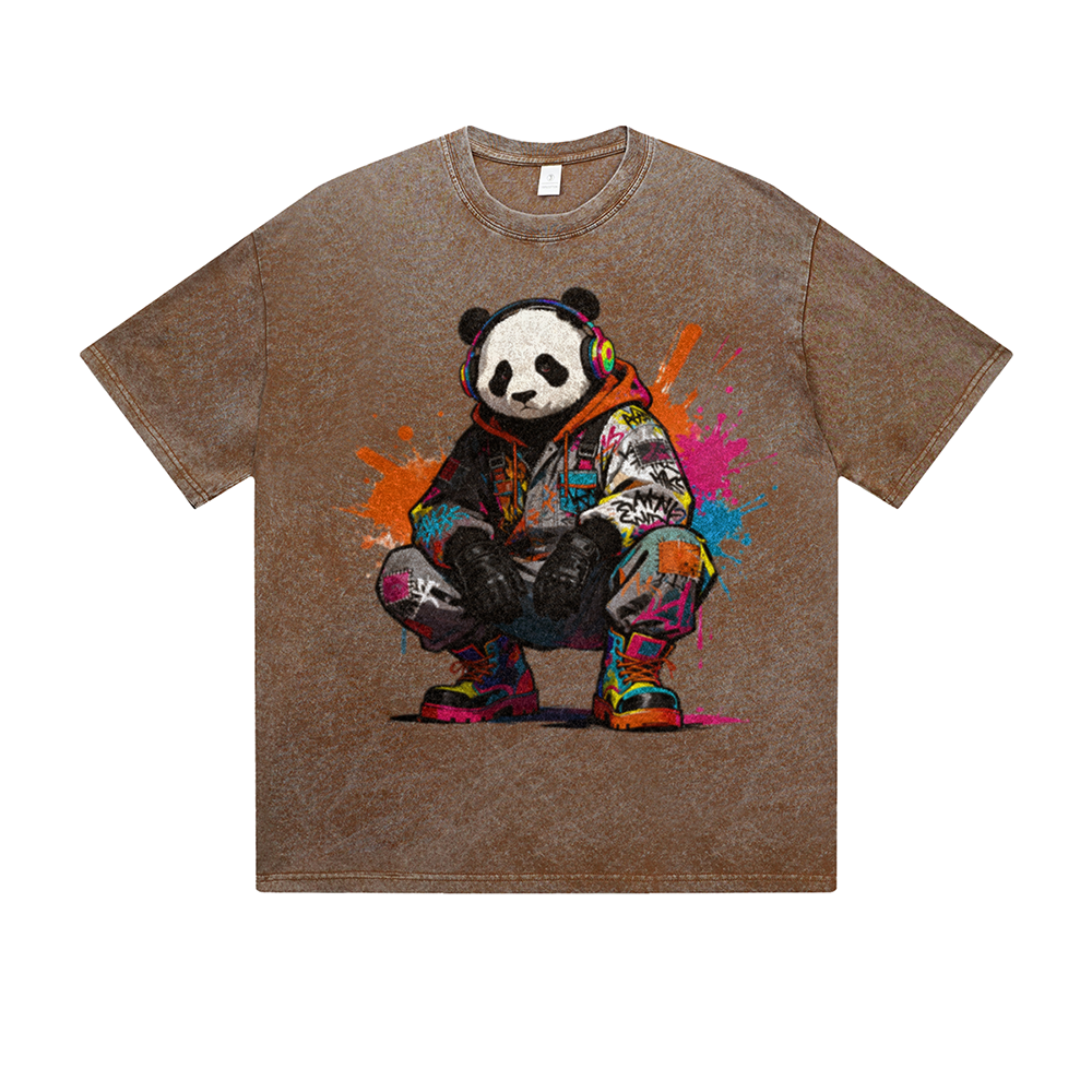 Vintage Washed T-Shirt Cool Panda Graffiti Street Art Graphic Print Casual Daily Streetwear Feel lives