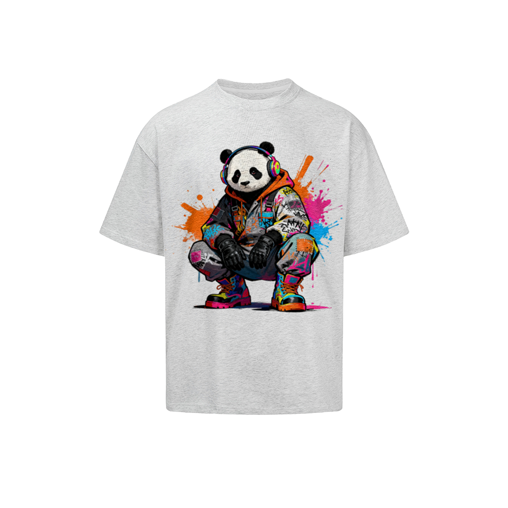 Solid Color T-Shirt Panda Headphones Graffiti Colorful Splash Street Art Cartoon Graphic Print Casual Daily Streetwear Feel lives