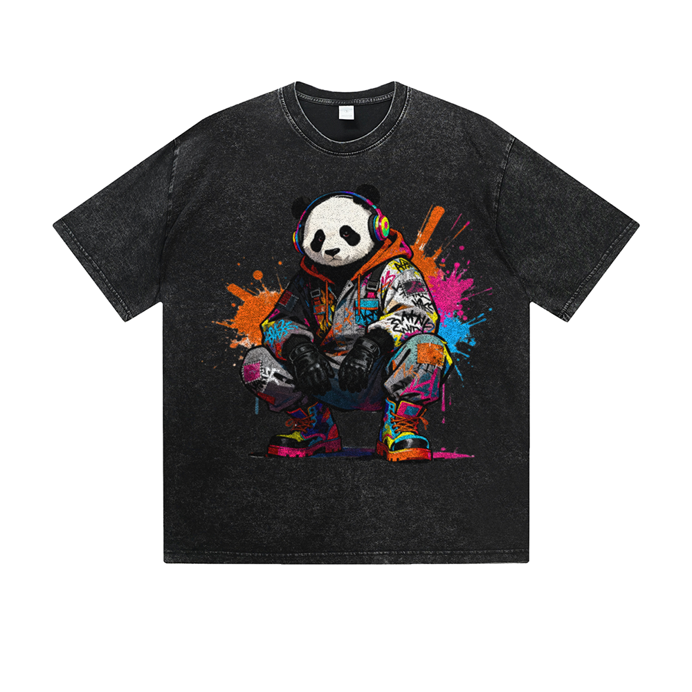 Vintage Washed T-Shirt Cool Panda Graffiti Street Art Graphic Print Casual Daily Streetwear Feel lives