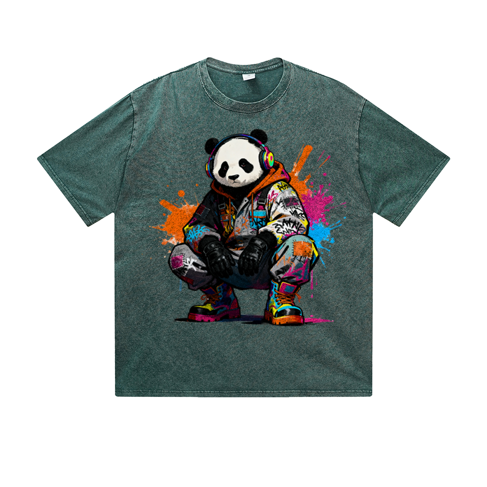 Vintage Washed T-Shirt Cool Panda Graffiti Street Art Graphic Print Casual Daily Streetwear Feel lives