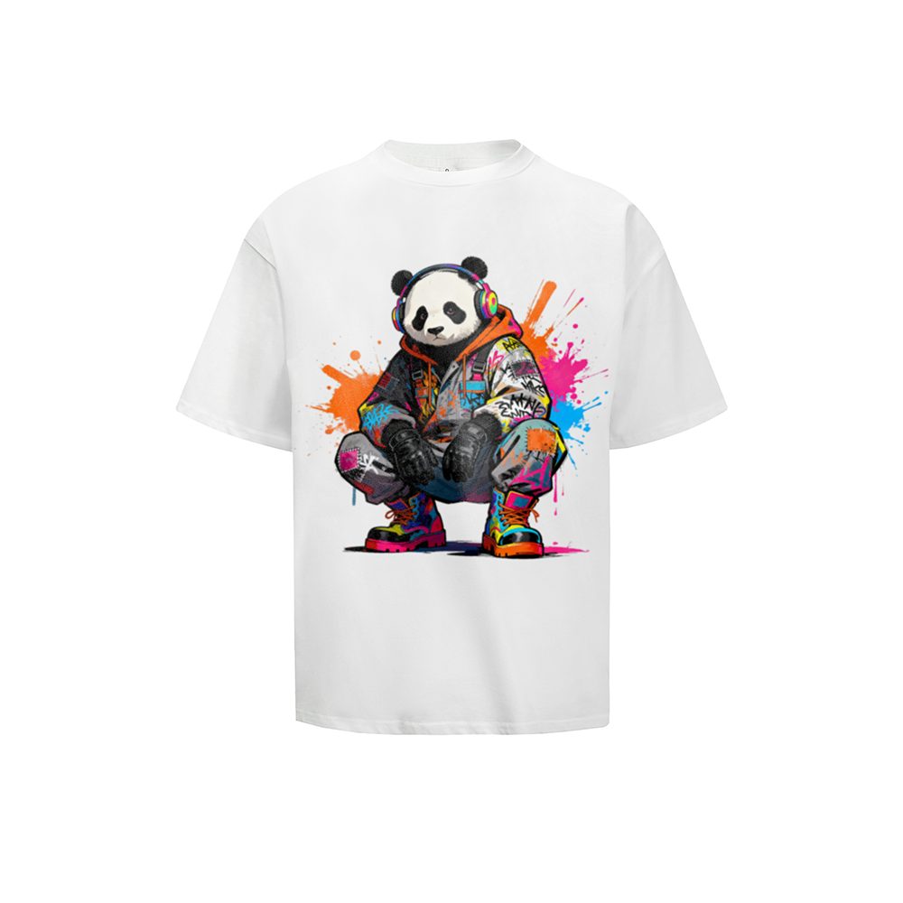 Solid Color T-Shirt Panda Headphones Graffiti Colorful Splash Street Art Cartoon Graphic Print Casual Daily Streetwear Feel lives