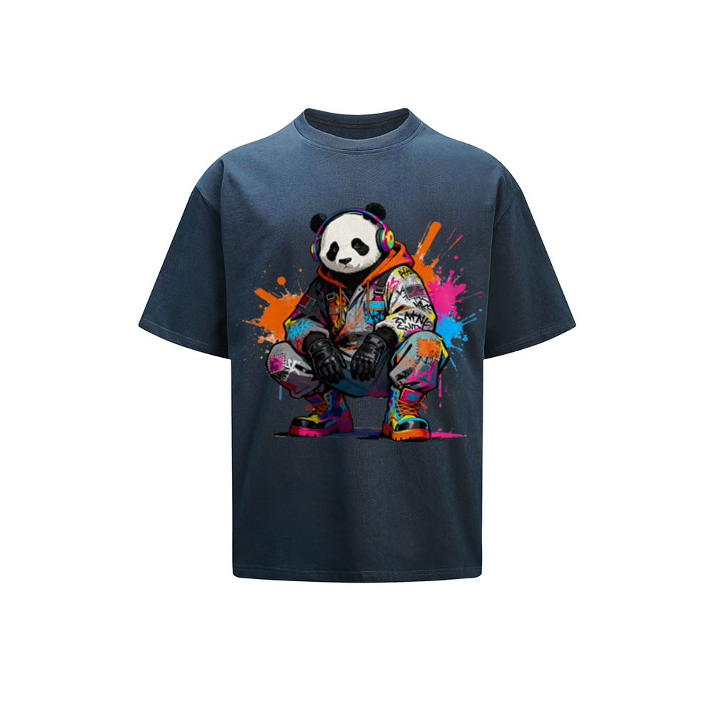 Solid Color T-Shirt Panda Headphones Graffiti Colorful Splash Street Art Cartoon Graphic Print Casual Daily Streetwear Feel lives