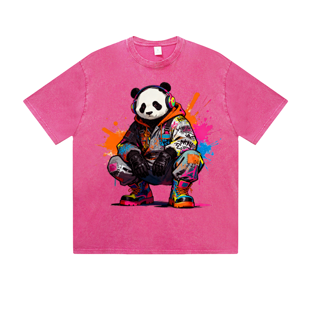 Vintage Washed T-Shirt Cool Panda Graffiti Street Art Graphic Print Casual Daily Streetwear Feel lives