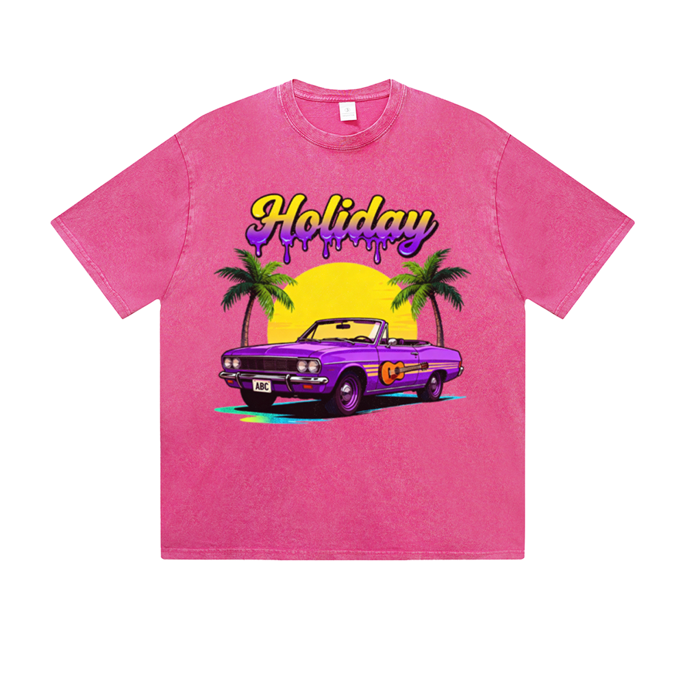Vintage Washed T-Shirt Holiday Vintage Car Sunset Beach Graphic Print Casual Daily Streetwear Feel lives