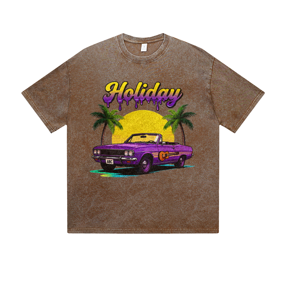 Vintage Washed T-Shirt Holiday Vintage Car Sunset Beach Graphic Print Casual Daily Streetwear Feel lives