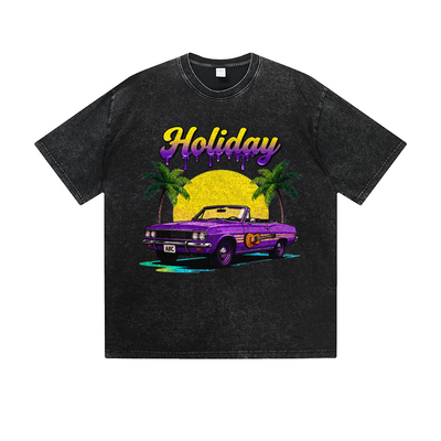 Vintage Washed T-Shirt Holiday Vintage Car Sunset Beach Graphic Print Casual Daily Streetwear Feel lives