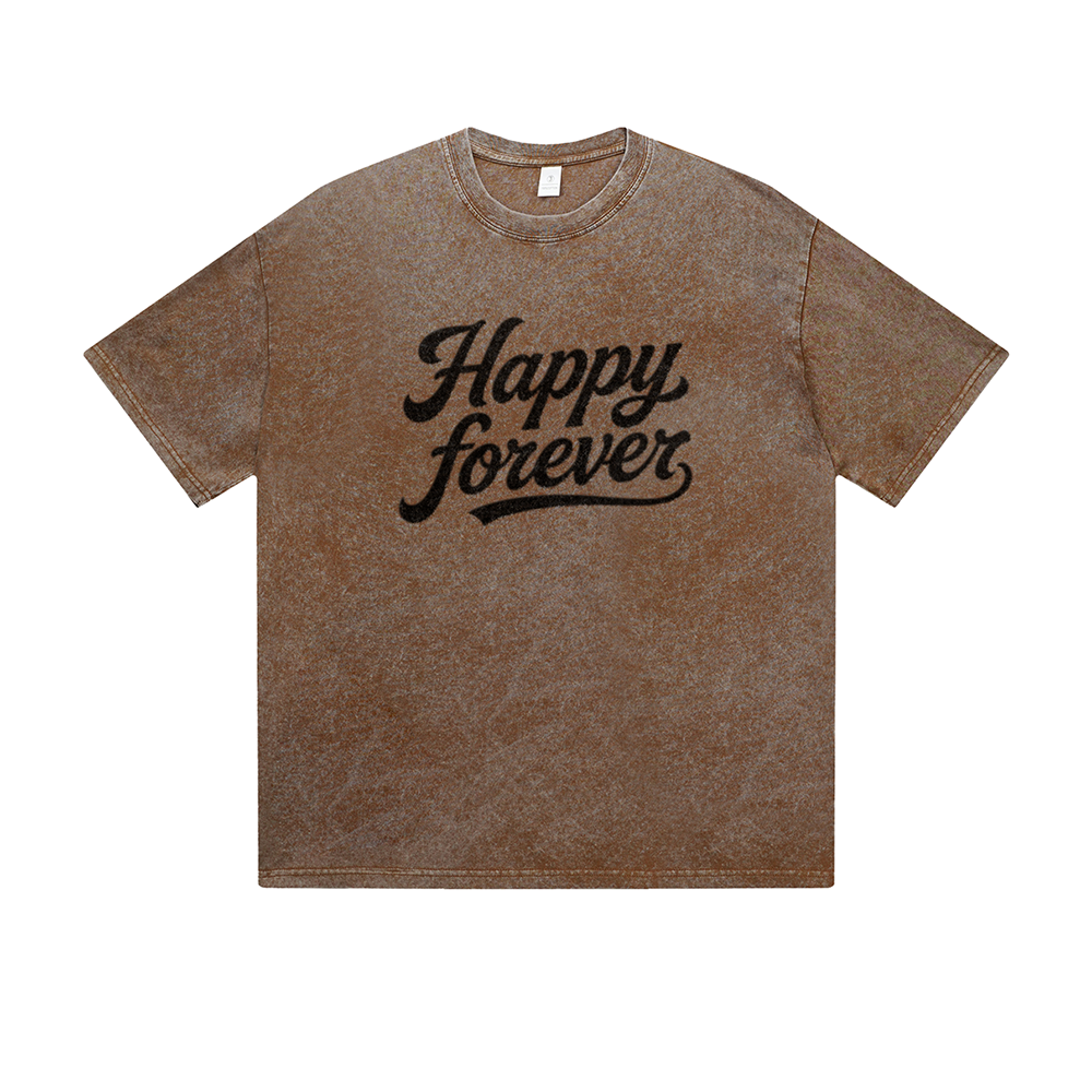 Vintage Washed T-Shirt Happy Forever Motivational Text Graphic Print Casual Daily Streetwear Feel lives