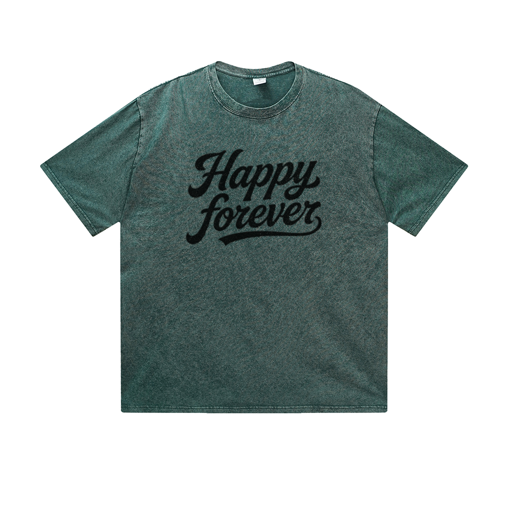 Vintage Washed T-Shirt Happy Forever Motivational Text Graphic Print Casual Daily Streetwear Feel lives