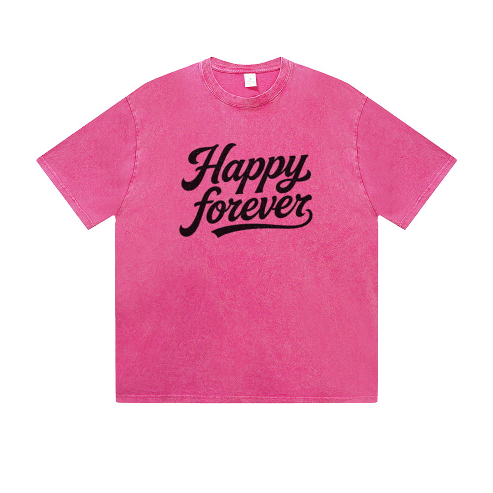 Vintage Washed T-Shirt Happy Forever Motivational Text Graphic Print Casual Daily Streetwear Feel lives