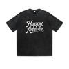 Vintage Washed T-Shirt Happy Forever Motivational Text Graphic Print Casual Daily Streetwear Feel lives