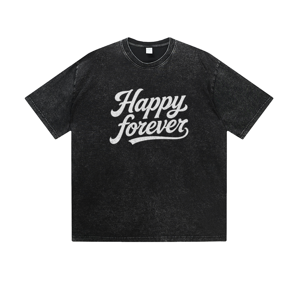 Vintage Washed T-Shirt Happy Forever Motivational Text Graphic Print Casual Daily Streetwear Feel lives
