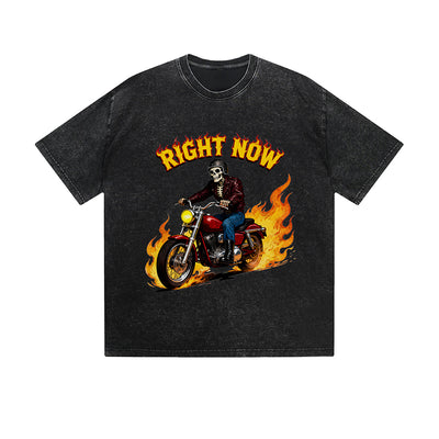 Vintage Washed T-Shirt Right Now Skeleton Motorcycle Flame Graphic Print Casual Daily Streetwear Feel lives