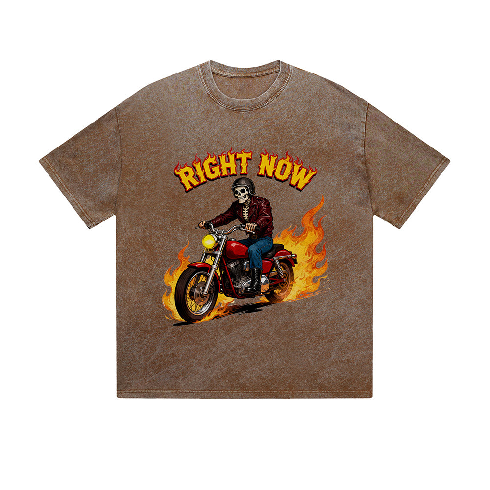 Vintage Washed T-Shirt Right Now Skeleton Motorcycle Flame Graphic Print Casual Daily Streetwear Feel lives