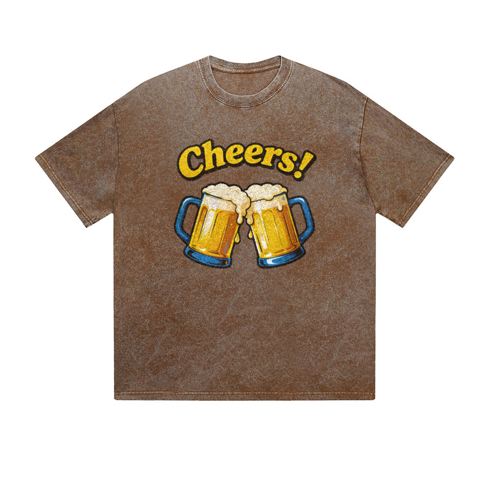 Vintage Washed T-Shirt Cheers Beer Mugs Fun Graphic Print Casual Daily Streetwear Feel lives