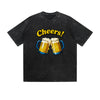 Vintage Washed T-Shirt Cheers Beer Mugs Fun Graphic Print Casual Daily Streetwear Feel lives