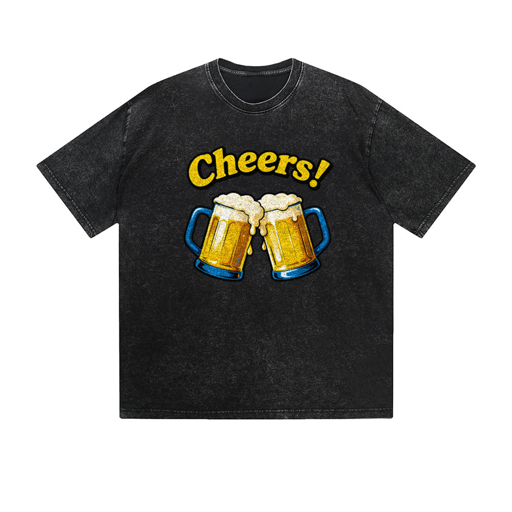 Vintage Washed T-Shirt Cheers Beer Mugs Fun Graphic Print Casual Daily Streetwear Feel lives