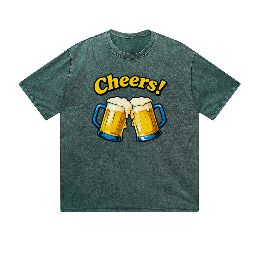 Vintage Washed T-Shirt Cheers Beer Mugs Fun Graphic Print Casual Daily Streetwear Feel lives