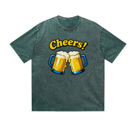 Vintage Washed T-Shirt Cheers Beer Mugs Fun Graphic Print Casual Daily Streetwear Feel lives