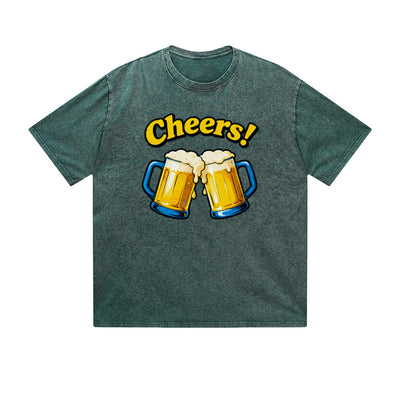 Vintage Washed T-Shirt Cheers Beer Mugs Fun Graphic Print Casual Daily Streetwear Feel lives