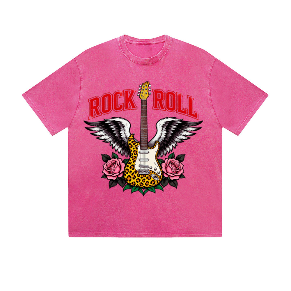Vintage Washed T-Shirt Rock Roll Guitar Wings Rose Graphic Print Casual Daily Streetwear Feel lives
