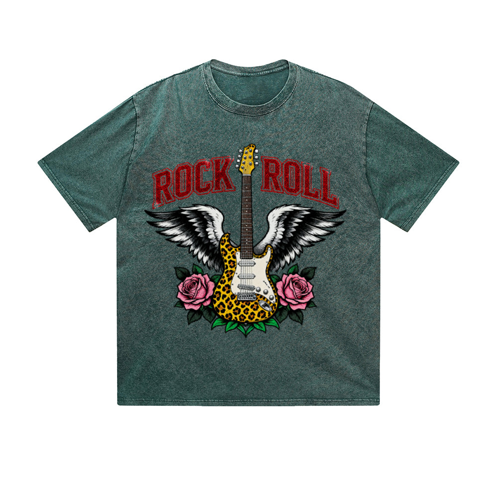 Vintage Washed T-Shirt Rock Roll Guitar Wings Rose Graphic Print Casual Daily Streetwear Feel lives
