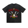 Vintage Washed T-Shirt Rock Roll Guitar Wings Rose Graphic Print Casual Daily Streetwear Feel lives