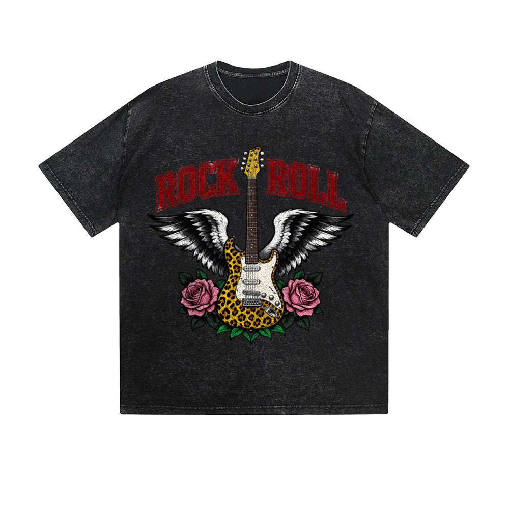 Vintage Washed T-Shirt Rock Roll Guitar Wings Rose Graphic Print Casual Daily Streetwear Feel lives