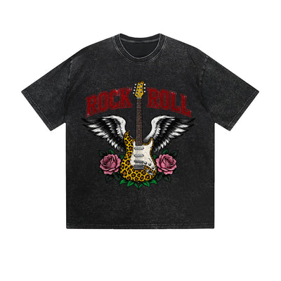 Vintage Washed T-Shirt Rock Roll Guitar Wings Rose Graphic Print Casual Daily Streetwear Feel lives