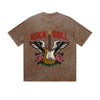 Vintage Washed T-Shirt Rock Roll Guitar Wings Rose Graphic Print Casual Daily Streetwear Feel lives