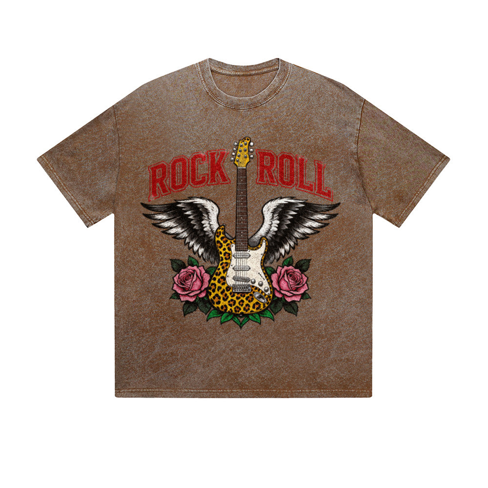 Vintage Washed T-Shirt Rock Roll Guitar Wings Rose Graphic Print Casual Daily Streetwear Feel lives